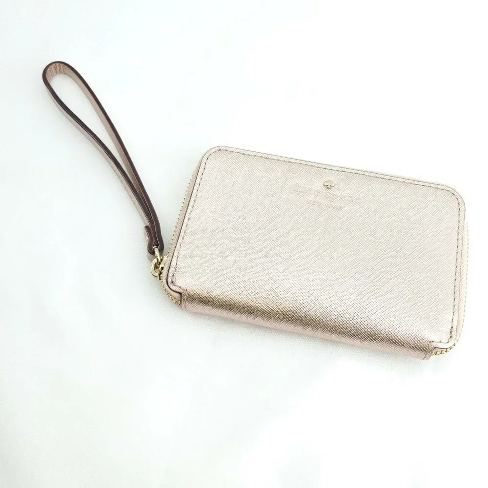 Kate Spade Womens Pale Pink Metallic Saffiano Leather Bifold Wristlet Wa…